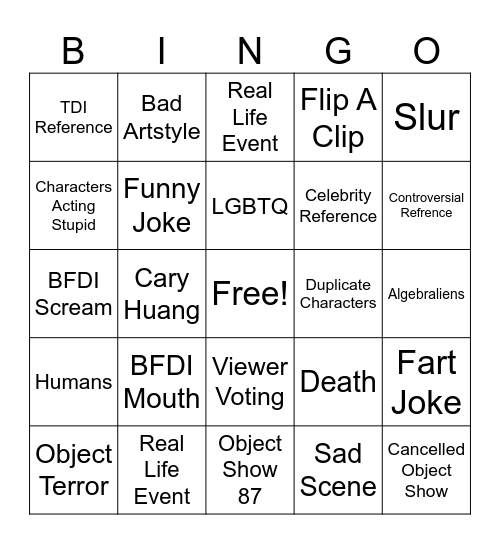 Object Show Bingo Card