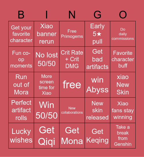 Genshin Bingo card 2026 Bingo Card