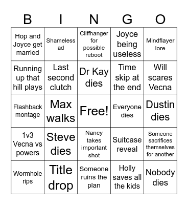 Stranger Things Finale Bingo Card