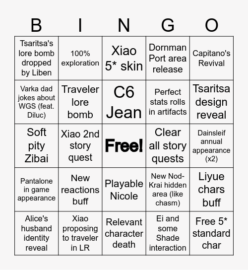 Genshin Bingo 2026 Bingo Card