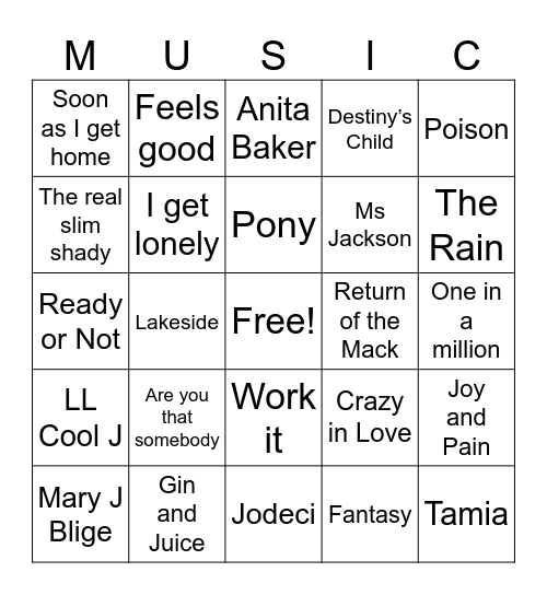 90s Music Bingo Card
