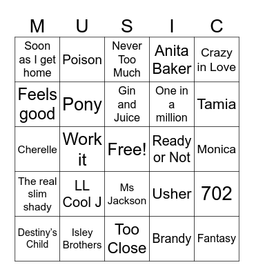 90s Music Bingo Card