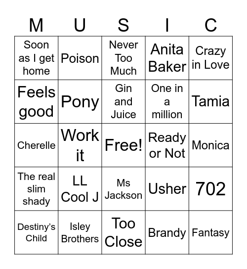 90s Music Bingo Card