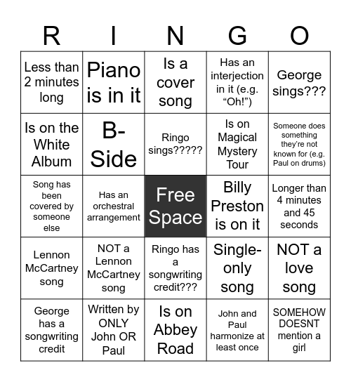 The Beatles Bingo Card
