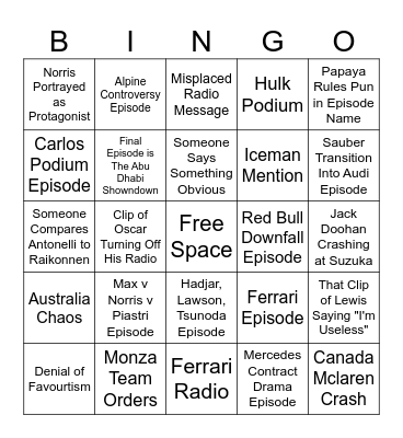 F1 Drive to Survive Season 8 Bingo Card