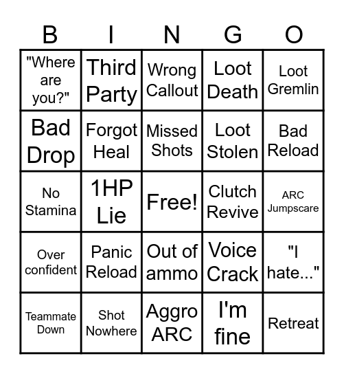 Arc Raiders Bingo Card