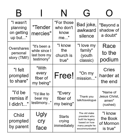 Testimony Bingo Card