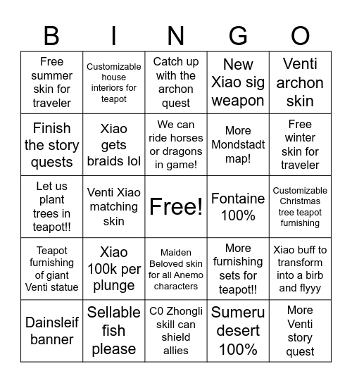 Genshin 2026 Bingo Card