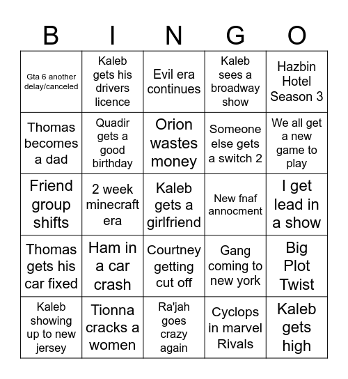 Goonvengers Bingo Card