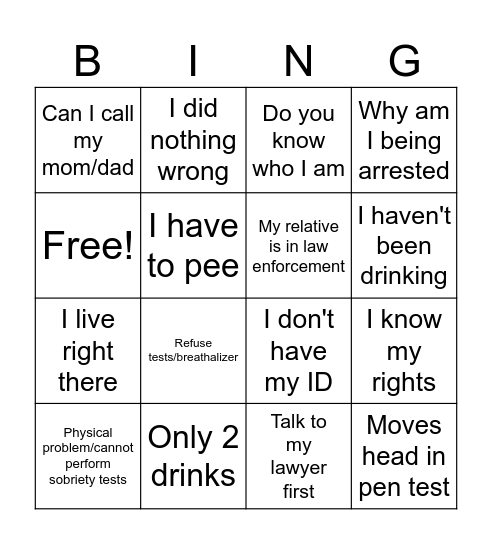 DUI Bingo Card