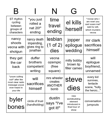 Stranger Things Finale Bingo Card