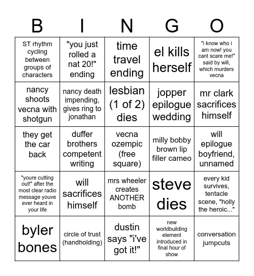 Stranger Things Finale Bingo Card