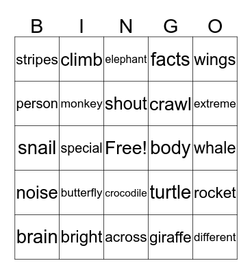 **Extreme Animals** Bingo Card