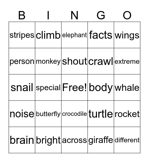 **Extreme Animals** Bingo Card