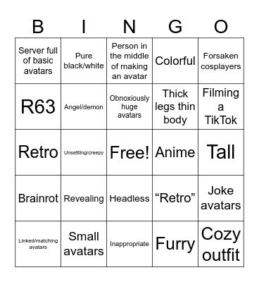 Catalog avatar creator bingo Card