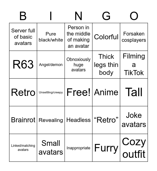 Catalog avatar creator bingo Card