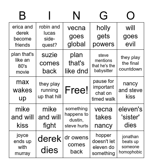 stranger things bingo Card