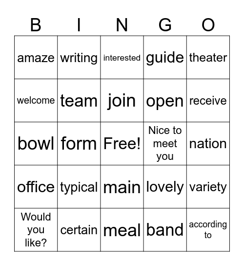 Vocabulary Review Exam #2 Bingo Card