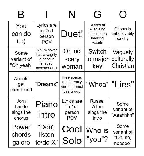 Allen Lande album/song Bingo Card