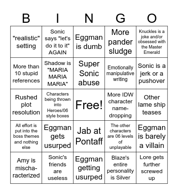 Next Sonic Game Bingo Card