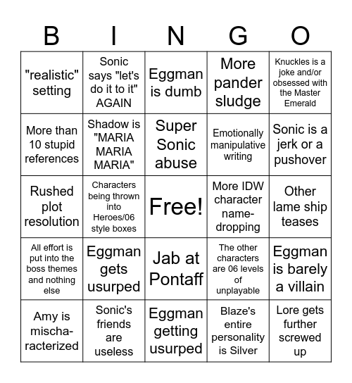 Next Sonic Game Bingo Card