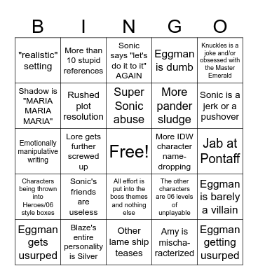 Next Sonic Game Bingo Card