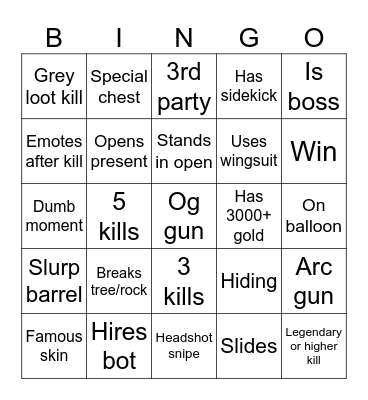 Fortnite season 7 Bingo Card