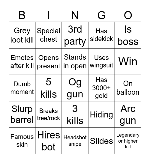 Fortnite season 7 Bingo Card