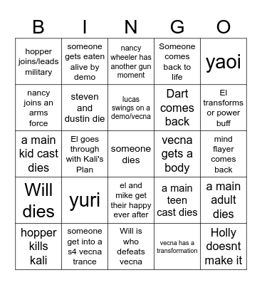 stranger things bingo Card