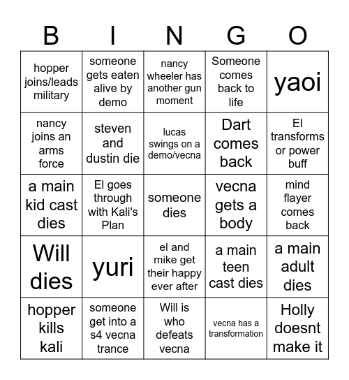 stranger things bingo Card