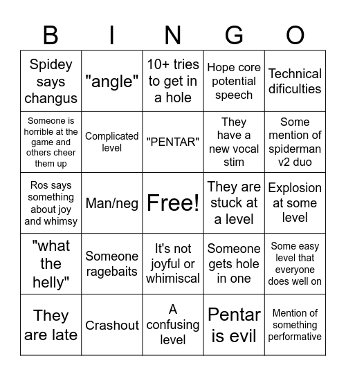Spideyarmy golifing lobby Bingo Card