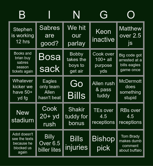Bills vs Eagles Bingo Card