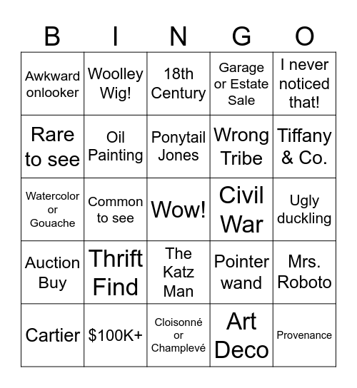 Antiques Roadshow Bingo Card