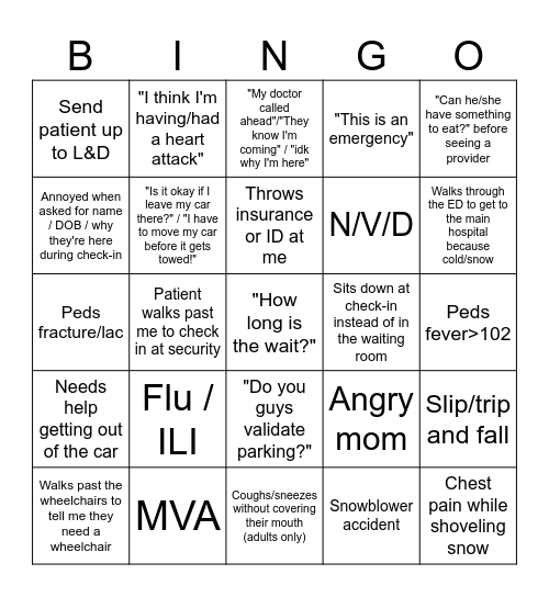 Triage Bingo Card