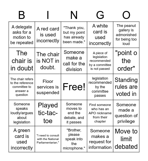 APO Legislative  2025 Bingo Card