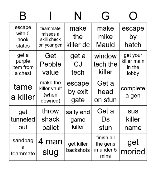 Dead By Daylight Bingo Card