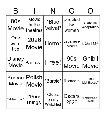 2026 Movies Bingo Card