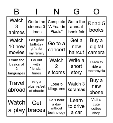 2026 New Year’s Resolutions Bingo Card