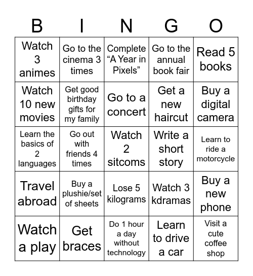 2026 New Year’s Resolutions Bingo Card