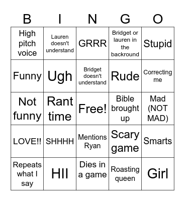B AND L bingo Card