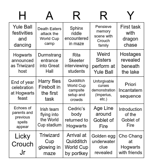 Goblet of Fire Bingo Card
