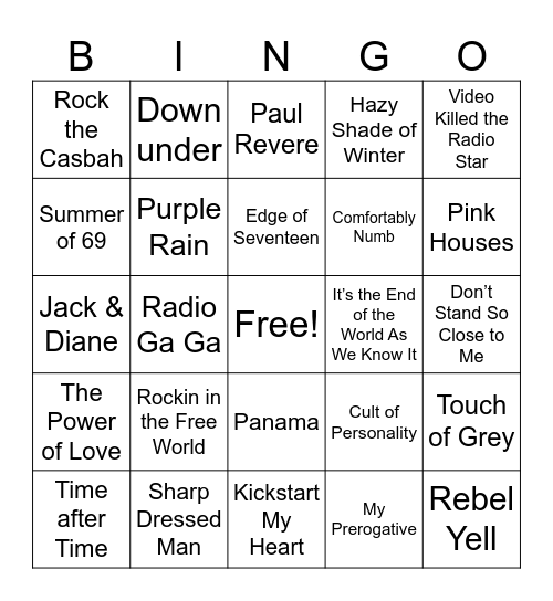 80’s Bingo Card