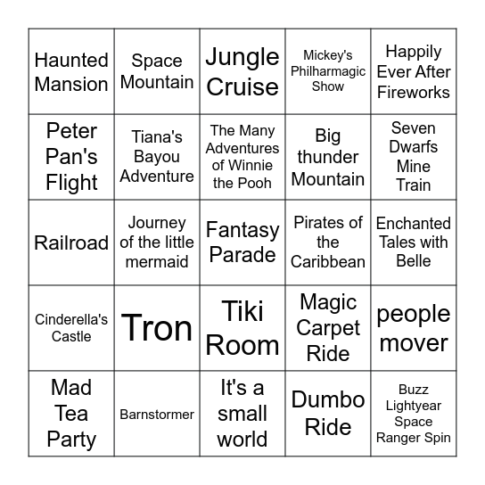 Magic Kingdom Bingo Card