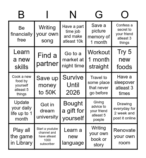 Goal of 2026 Bingo Card