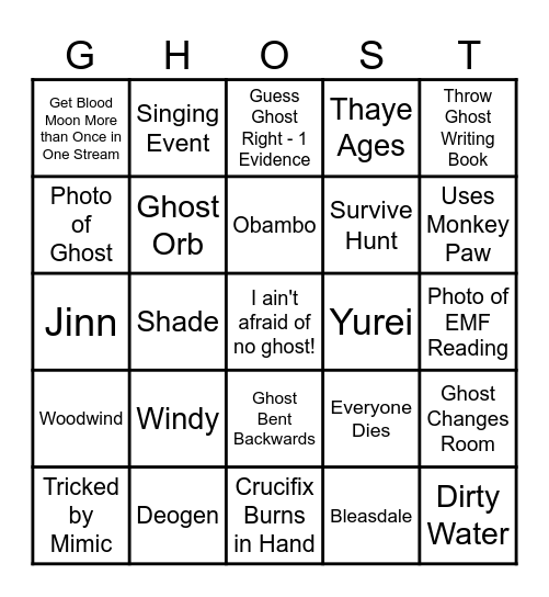 Phasmophobia Bingo Card