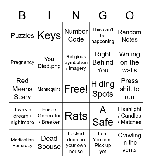 Horror Game Bingo Card