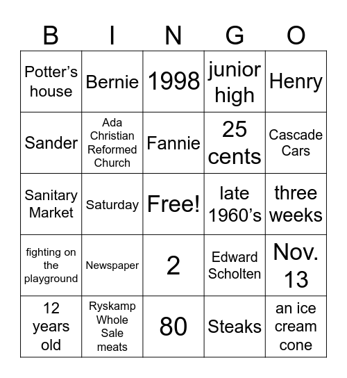 Scholten History Bingo Card
