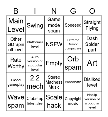 Geometry Dash Recent Tab Bingo Card