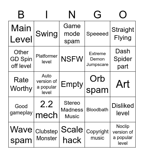 Geometry Dash Recent Tab Bingo Card