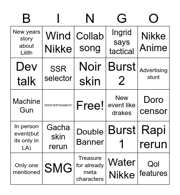 Nikke New year Livestream Bingo Card